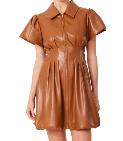 Dolce Cabo Vegan Leather Zip Front Bubble Mini Dress In Saddle In Brown