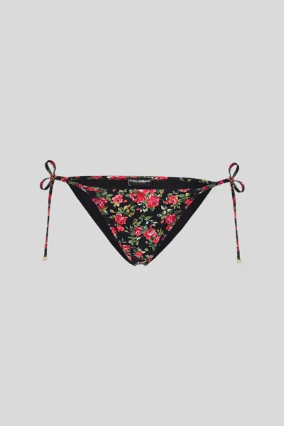 Dolce E Gabbana Dolce & Gabbana Bikini Slip Con Laccetti Fantasia Floreale In Nero