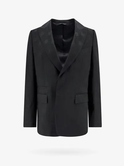 Dolce & Gabbana Wool Blazer With All-over Monogram In Black
