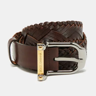 Pre-owned Dolce & Gabbana 100 Cm Buckle Belt Brown Woven Leather