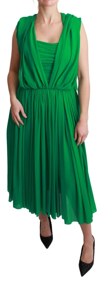 Dolce & Gabbana 100% Silk Green Sleeveless Pleated Maxi Women's Dress