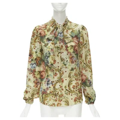 Pre-owned Dolce & Gabbana Dolce Gabbana 100% Silk Tapestry Floral Print Tie Neck Blouse Top Shirt It36 Xs In Sand