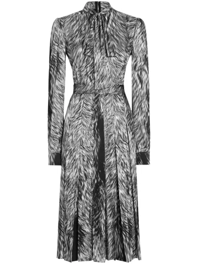 Dolce & Gabbana Fur-print Calf-length Shirt Dress With Pussy-bow In Grey