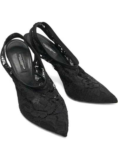 Pre-owned Dolce & Gabbana 100mm Lace Slingback Heeled Pumps In Black