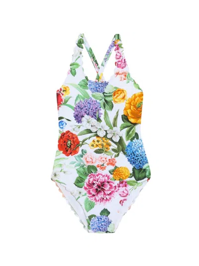 Dolce & Gabbana Kids' Floral-print Swimsuit In ホワイト