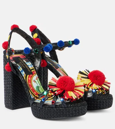 Dolce & Gabbana Verzierte Sandalen 105 Aus Raffiabast In Black