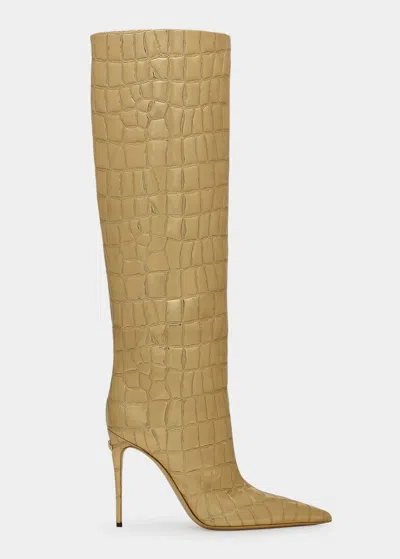 Dolce & Gabbana 105mm Croco Tall Stiletto Boots In Gold
