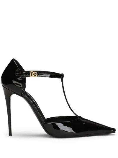 Dolce & Gabbana Elegant Black Leather T-strap Heels Sandals