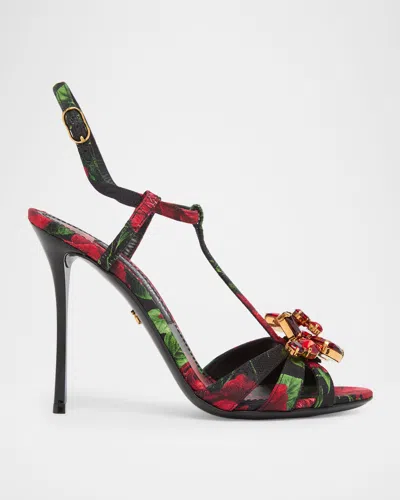 Dolce & Gabbana 105mm Embellished Rose-printed Satin Sandals In Animal Print