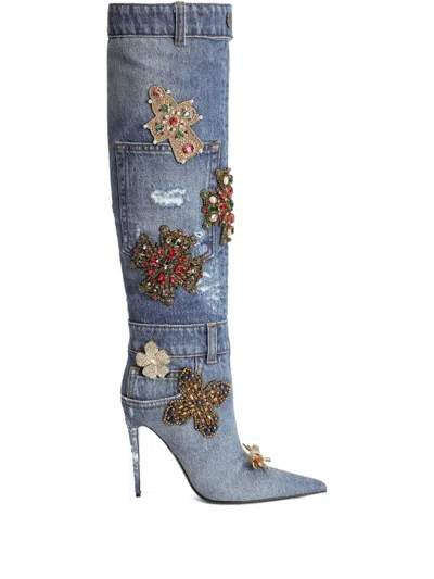 Dolce & Gabbana Bestickte Jeansstiefel Im Patchwork-look 105mm In Animal Print