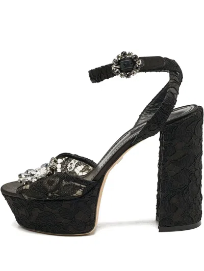 Pre-owned Dolce & Gabbana 105mm Lace Crystal Sandals In Black