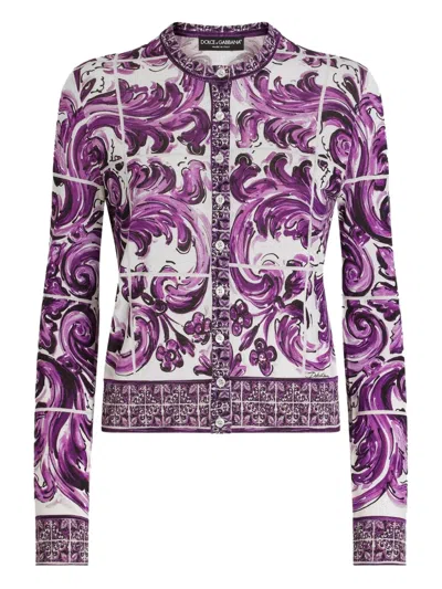 Dolce & Gabbana Majolica-print Silk Cardigan In Purple