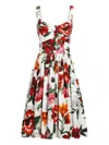 Dolce & Gabbana Women Midi Dress With Red Roses On A White Background In Multi