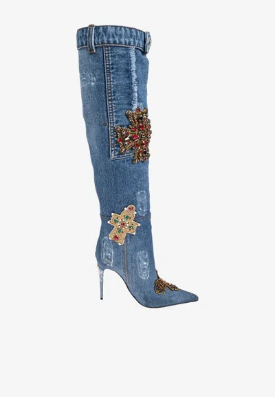 Dolce & Gabbana 110 Embroidered Denim Boots In Blue