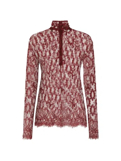 Dolce & Gabbana Chantilly Lace Turtleneck Blouse In Pink
