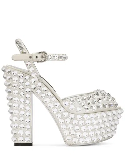 Dolce & Gabbana Bette Platform Sandals In Grey Satin With Rhinestones In Multi