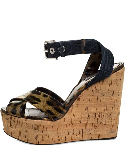 Pre-owned Dolce & Gabbana 135mm Leopard-print Wedge Sandals