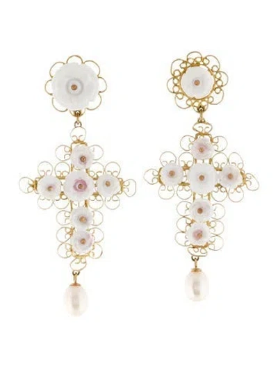 Pre-owned Dolce & Gabbana 18k Pearl & Chalcedony Cross Clip-on Drop Earrings In Multi