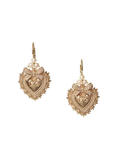 Dolce & Gabbana Devotion Earrings In Yellow Gold With Diamonds And Pearls Yellow Gold Female Onesize