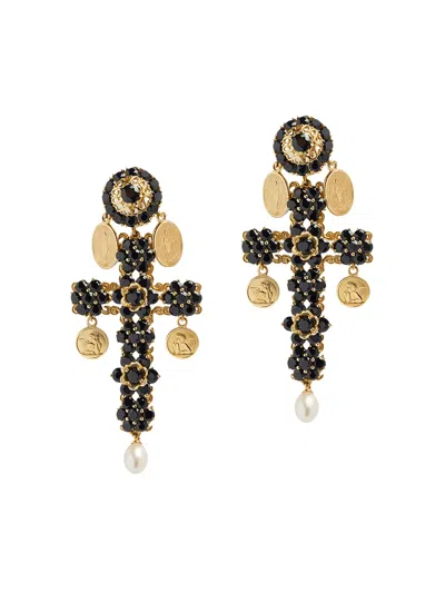 Dolce & Gabbana 18kt Yellow Gold Cross Black Sapphires And Pearl Clip-on Earrings