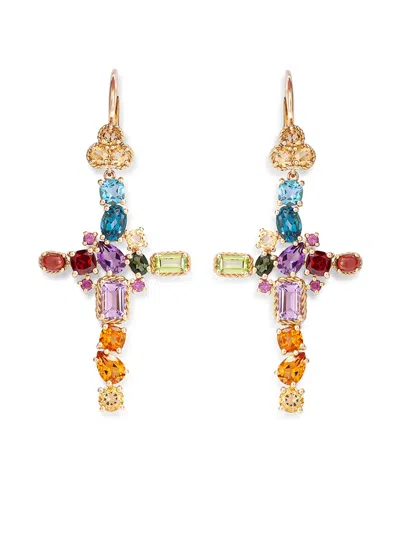 Dolce & Gabbana 18kt Yellow Gold Gemstone Cross Earrings In Mehrfarbig