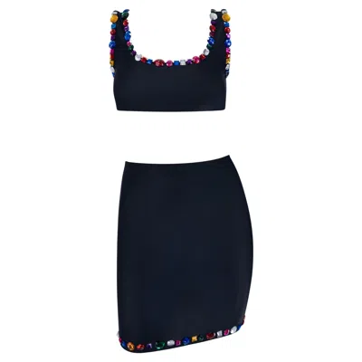 Pre-owned Dolce & Gabbana 1990s  Rhinestone Multicolor Jeweled Black Swim Skirt Set It42