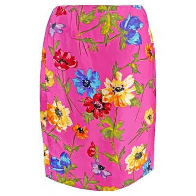 Pre-owned Dolce & Gabbana 1999  Hot Pink Floral Print Silk Satin Pencil Skirt 44it