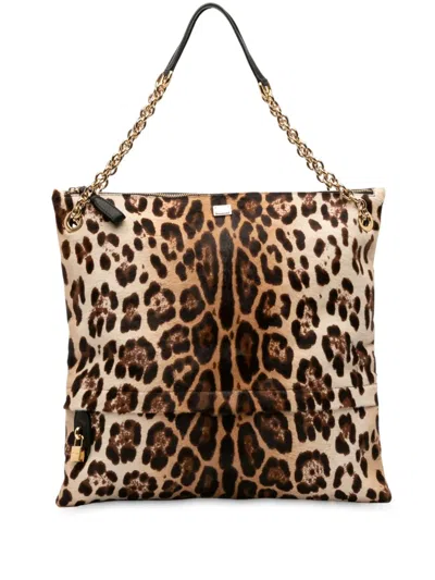 Pre-owned Dolce & Gabbana 2000-2025 Pony Hair Leopard Print Chain Tote Bag In Black