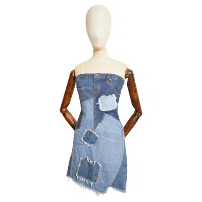 Pre-owned Dolce & Gabbana 2000's Strapless  Patchwork Denim Y2k Bustier Mini Dress In Gray