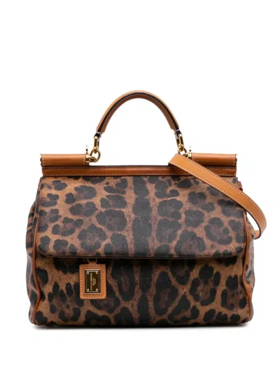Pre-owned Dolce & Gabbana 2000-2026 Large Leopard Print Coated Canvas Miss Sicily Satchel In Brown