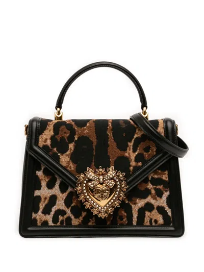 Pre-owned Dolce & Gabbana 2000-2026 Medium Canvas Leopard Print Devotion Satchel In Brown