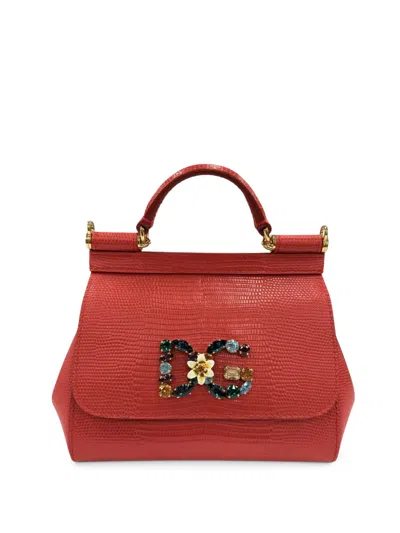 Pre-owned Dolce & Gabbana 2000-2026 Small Iguana Embossed Calfskin Miss Sicily Satchel In Red