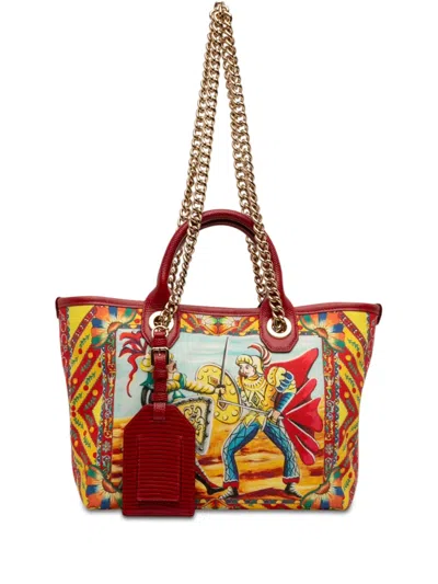 Pre-owned Dolce & Gabbana 2000-2026 Snakeskin Embossed Leather Trimmed Canvas Carretto Print Capri Tote Satchel In Multi