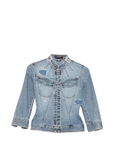 Pre-owned Dolce & Gabbana 2000s Crystal-embellished Distressed-effect Denim Jacket In Blue