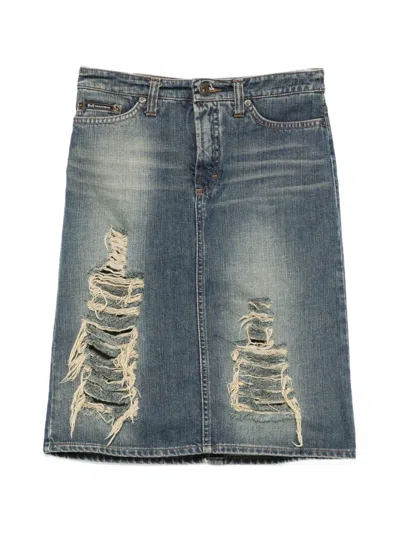 Pre-owned Dolce & Gabbana 2000s Distressed Denim Mini Skirt In Blue