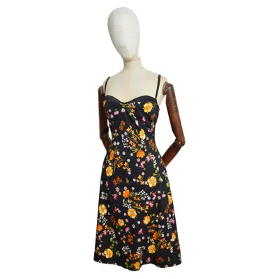 Pre-owned Dolce & Gabbana 2000s  Black Strappy Bustier Dress With Orange Flowers Print