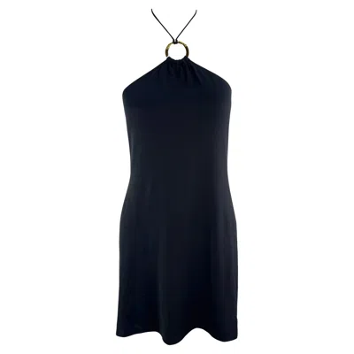 Pre-owned Dolce & Gabbana 2000s  Gold Logo Ring Halter Neck Bodycon Flare Beach Swim Dress In Black