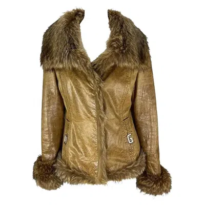 Pre-owned Dolce & Gabbana 2000s  Logo Buckle Brown Distressed Patent Leather Fur Coat 42it
