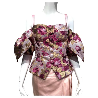 Pre-owned Dolce & Gabbana 2000s  Pink Burgundy Floral Brocade Corset Off Shoulder Top In Red