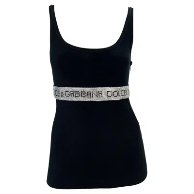 Pre-owned Dolce & Gabbana 2000s  Rhinestone Logo Black Ribbed Stretch Tank Top It40