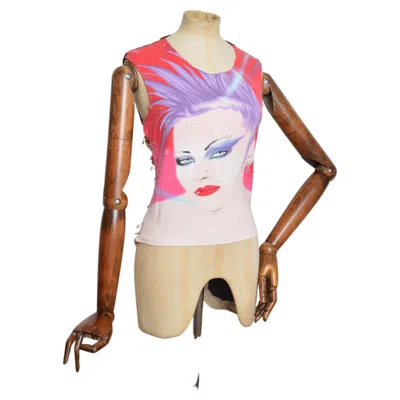 Pre-owned Dolce & Gabbana 2000�s  Y2k Punk Face Leopard Mesh Slogan Tank Top In Beige