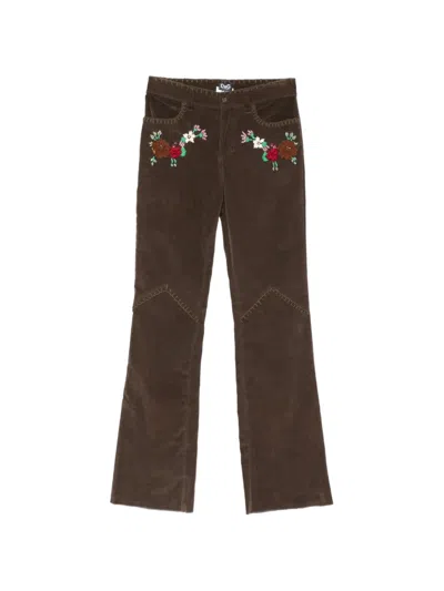 Pre-owned Dolce & Gabbana 2000s Floral-embroidered Corduroy Trousers In Brown