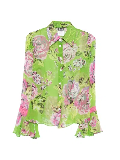 Pre-owned Dolce & Gabbana 2000s Floral-print Flared-sleeve Shirt In Green