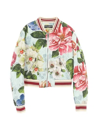 Pre-owned Dolce & Gabbana 2000s Floral-print Quilted Bomber Jacket In Blue