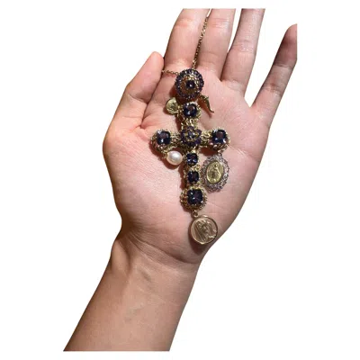 Pre-owned Dolce & Gabbana 2000s Gold And Gemstone Cross Necklace In Multi
