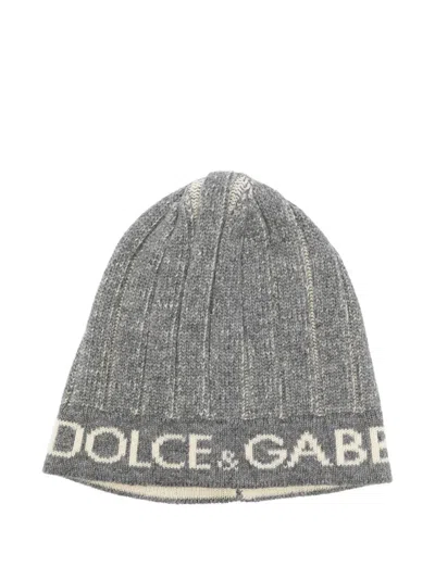 Pre-owned Dolce & Gabbana 2000s Logo-lettering Wool Beanie Hat In Gray