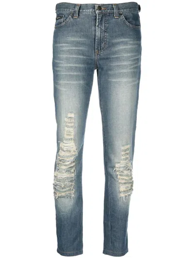 Pre-owned Dolce & Gabbana 2000s Ripped Finish Slim-fit Jeans In Blue