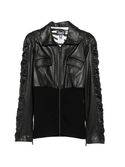 Pre-owned Dolce & Gabbana 2000s Ruched-sleeve Leather Jacket In Black