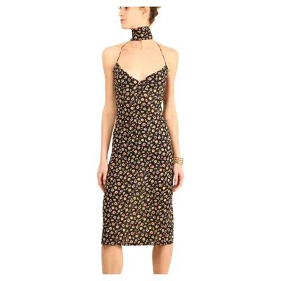 Pre-owned Dolce & Gabbana 2001 Silk Black Floral Daisy Print Halter Chocker Midi Dress Xs