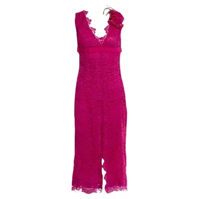 Pre-owned Dolce & Gabbana 2004 "barbie" Pink Lace Midi Cocktail Dress Flower Details 42